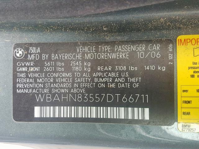 WBAHN83557DT66711 - 2007 BMW 750 GRAY photo 10