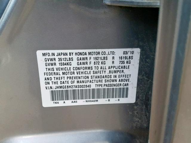 JHMGE8H27AS002840 - 2010 HONDA FIT GRAY photo 10