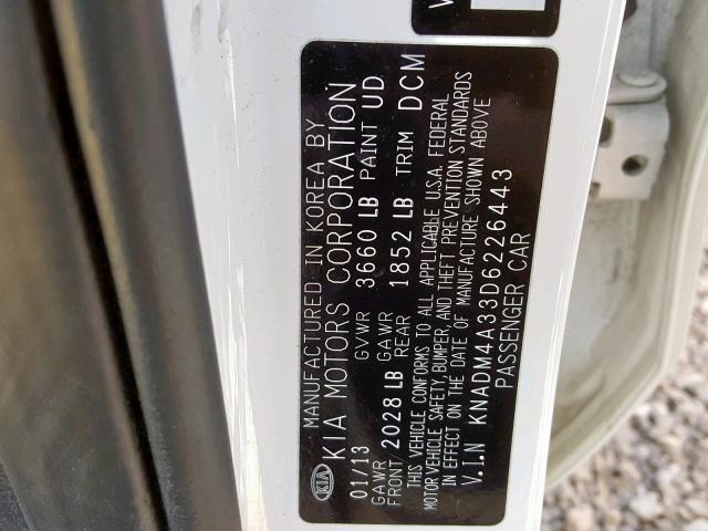 KNADM4A33D6226443 - 2013 KIA RIO LX WHITE photo 10