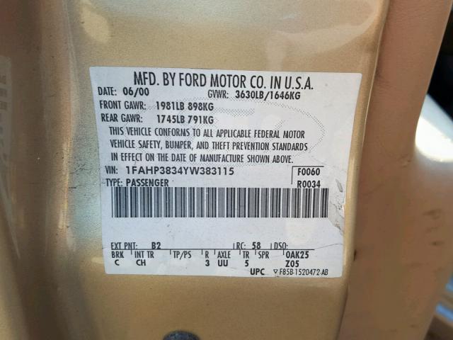 1FAHP3834YW383115 - 2000 FORD FOCUS ZTS GOLD photo 10