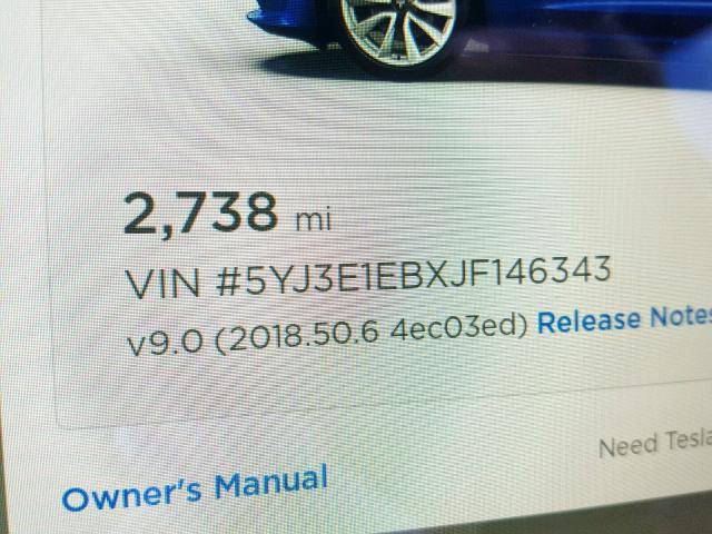 5YJ3E1EBXJF146343 - 2018 TESLA MODEL 3 BLUE photo 10