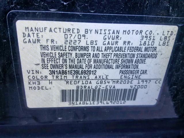 3N1AB61E39L692012 - 2009 NISSAN SENTRA 2.0 BLACK photo 10