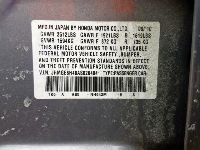 JHMGE8H48AS026484 - 2010 HONDA FIT SPORT SILVER photo 10