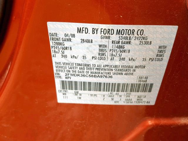 2FMDK36C58BA97636 - 2008 FORD EDGE SE ORANGE photo 10