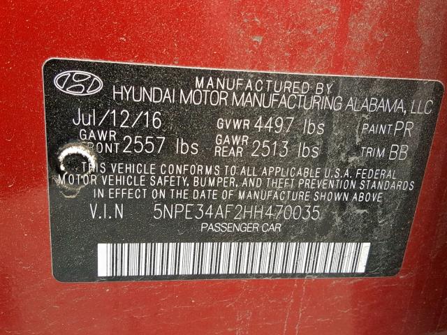 5NPE34AF2HH470035 - 2017 HYUNDAI SONATA SPO RED photo 10