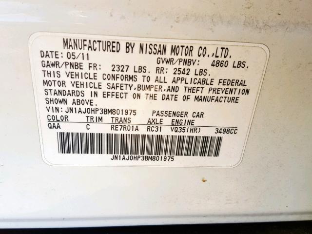 JN1AJ0HP3BM801975 - 2011 INFINITI EX35 BASE WHITE photo 10