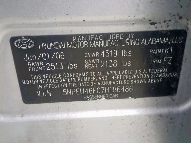 5NPEU46F07H186486 - 2007 HYUNDAI SONATA SE SILVER photo 10