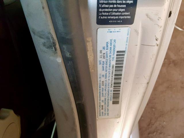 3VWCP21C41M441980 - 2001 VOLKSWAGEN NEW BEETLE SILVER photo 10