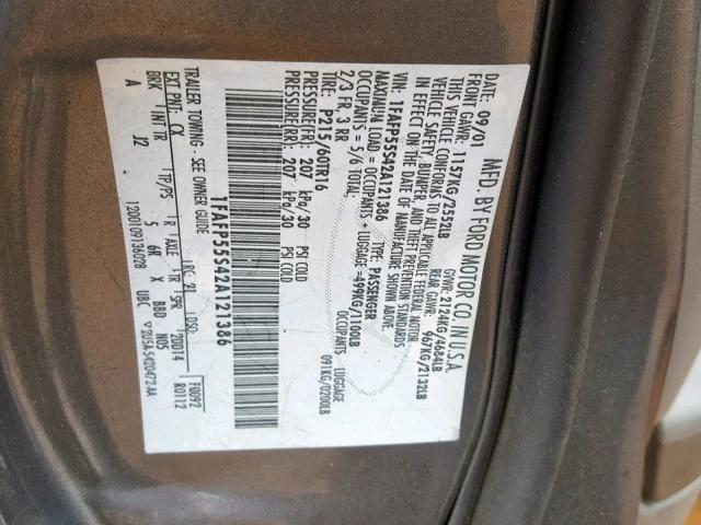 1FAFP55S42A121386 - 2002 FORD TAURUS SES GRAY photo 10