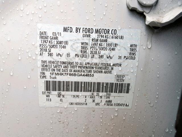 1FMHK7F86BGA44853 - 2011 FORD EXPLORER L WHITE photo 10