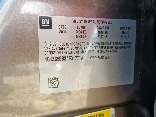 1G1ZC5EB3AF317719 - 2010 CHEVROLET MALIBU 1LT ყავისფერი ფოტო 10