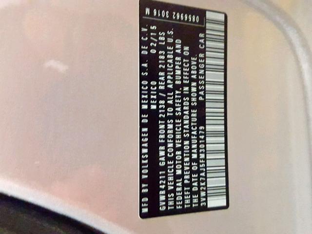 3VW2K7AJ5FM301479 - 2015 VOLKSWAGEN JETTA BASE WHITE photo 10