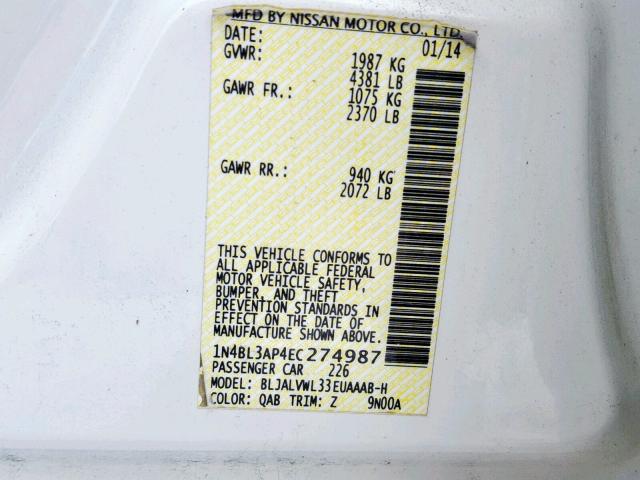 1N4BL3AP4EC274987 - 2014 NISSAN ALTIMA 3.5 WHITE photo 10