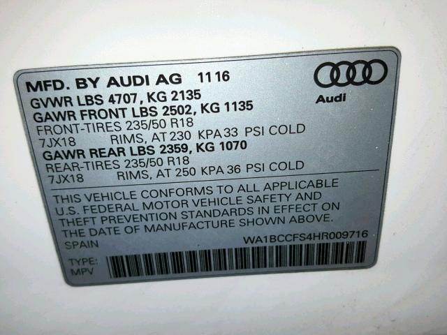 WA1BCCFS4HR009716 - 2017 AUDI Q3 PREMIUM WHITE photo 10