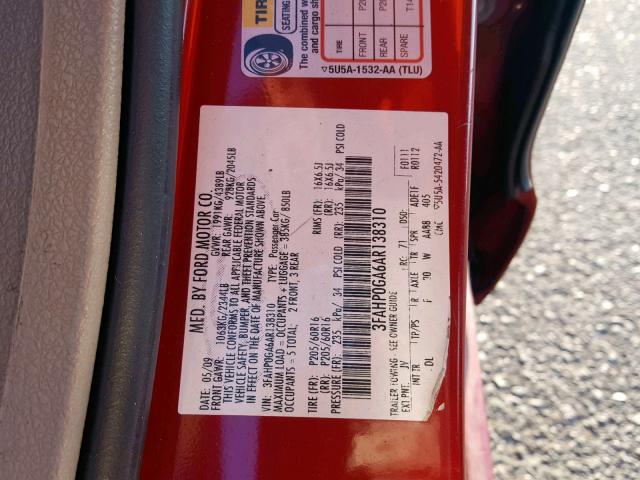 3FAHP0GA6AR138310 - 2010 FORD FUSION S RED photo 10