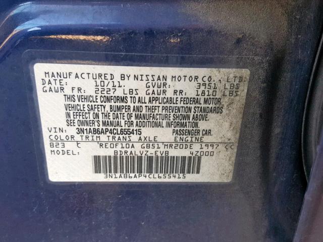 3N1AB6AP4CL655415 - 2012 NISSAN SENTRA 2.0 BLUE photo 10