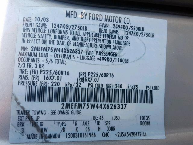 2MEFM75W44X626337 - 2004 MERCURY GRAND MARQ SILVER photo 10