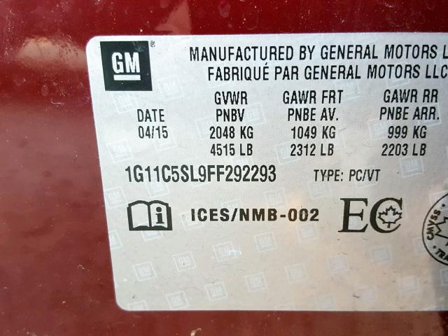 1G11C5SL9FF292293 - 2015 CHEVROLET MALIBU 1LT MAROON photo 10