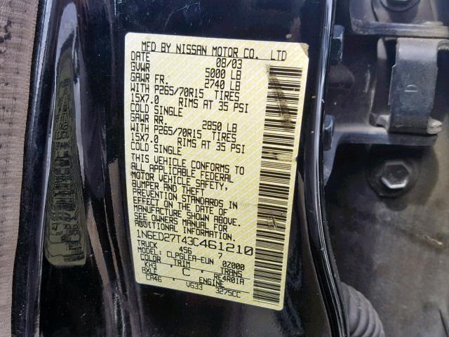 1N6ED27T43C461210 - 2003 NISSAN FRONTIER C BLACK photo 10