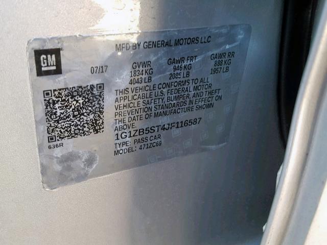 1G1ZB5ST4JF116587 - 2018 CHEVROLET MALIBU LS Серебристый фото 10