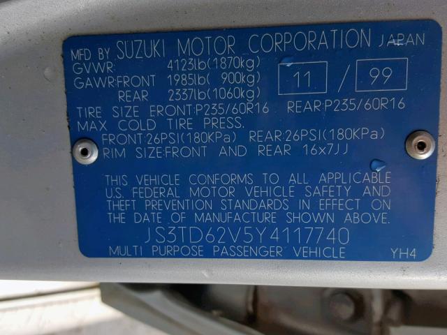 JS3TD62V5Y4117740 - 2000 SUZUKI GRAND VITA GRAY photo 10