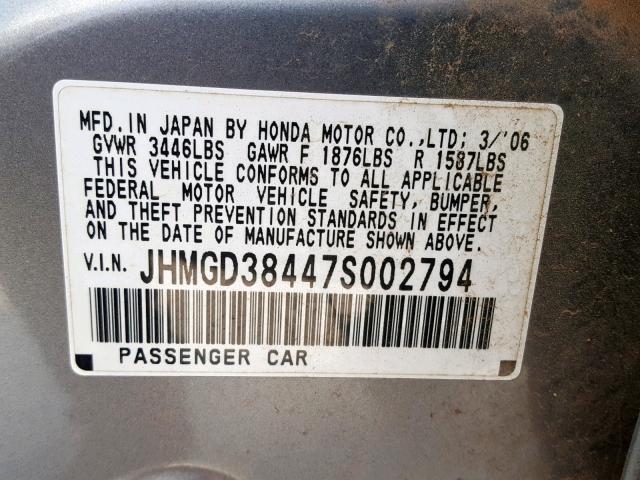 JHMGD38447S002794 - 2007 HONDA FIT SILVER photo 10