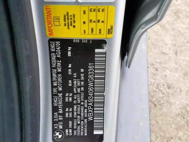 WBXPA93406WG83361 - 2006 BMW X3 3.0I GRAY photo 10