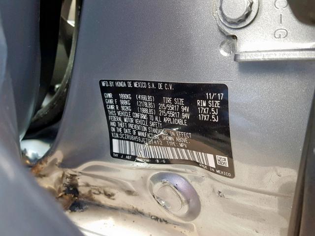 3CZRU6H59JG707412 - 2018 HONDA HR-V EX GRAY photo 10