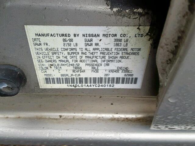 1N4DL01A4YC240152 - 2000 NISSAN ALTIMA XE GOLD photo 10