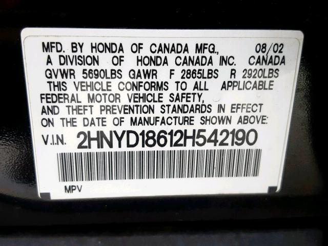 2HNYD18612H542190 - 2002 ACURA MDX TOURIN BLACK photo 10