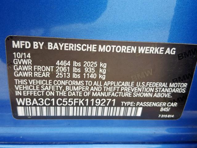 WBA3C1C55FK119271 - 2015 BMW 328 I SULE BLUE photo 10