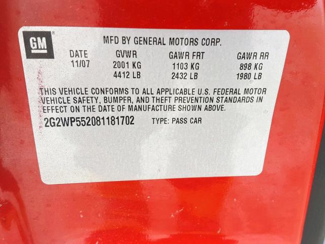 2G2WP552081181702 - 2008 PONTIAC GRAND PRIX RED photo 10