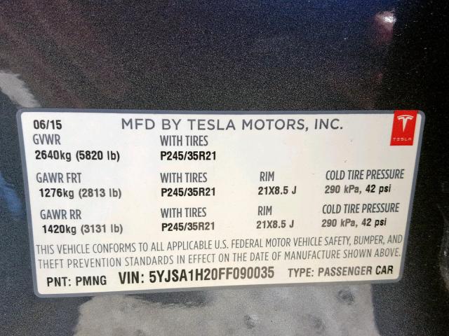 5YJSA1H20FF090035 - 2015 TESLA MODEL S 85 BLACK photo 10