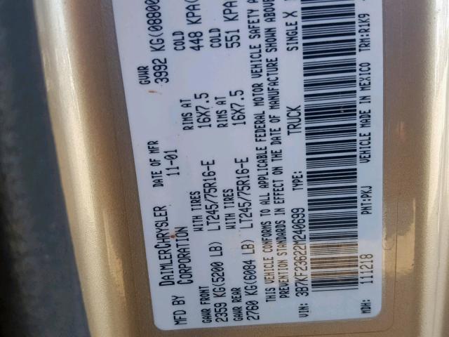 3B7KF23622M240699 - 2002 DODGE RAM 2500 TAN photo 10