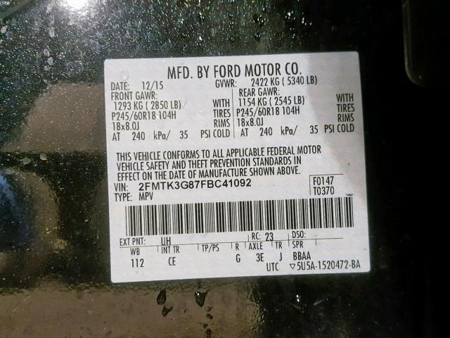 2FMTK3G87FBC41092 - 2015 FORD EDGE SE BLACK photo 10