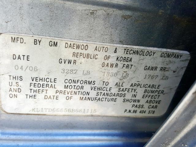 KL1TD66656B681115 - 2006 CHEVROLET AVEO BASE ლურჯი ფოტო 10