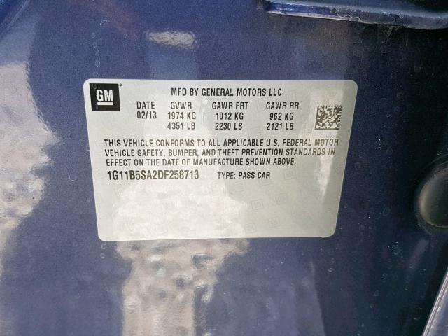 1G11B5SA2DF258713 - 2013 CHEVROLET MALIBU LS BLUE photo 10