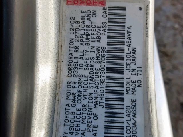 JTHBD192730070699 - 2003 LEXUS IS 300 SILVER photo 10