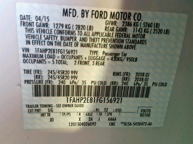 1FAHP2E81FG156921 - 2015 FORD TAURUS SEL WHITE photo 10