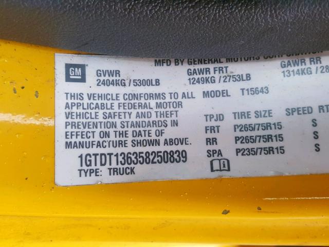 1GTDT136358250839 - 2005 GMC CANYON YELLOW photo 10