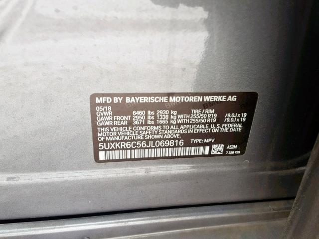 5UXKR6C56JL069816 - 2018 BMW X5 XDRIVE5 GRAY photo 10