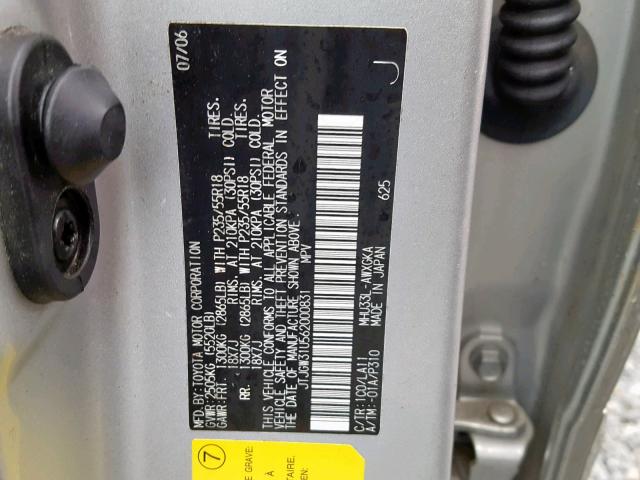 JTJGW31U562000831 - 2006 LEXUS RX 400 SILVER photo 10