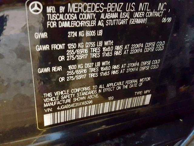 4JGAB54E3XA145096 - 1999 MERCEDES-BENZ ML 320 BLACK photo 10