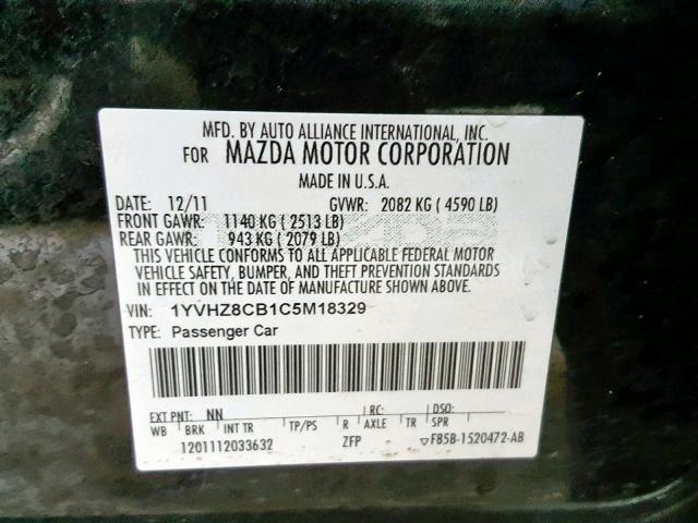 1YVHZ8CB1C5M18329 - 2012 MAZDA 6 S BLACK photo 10