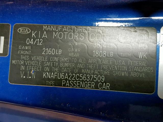 KNAFU6A22C5637509 - 2012 KIA FORTE EX BLUE photo 10