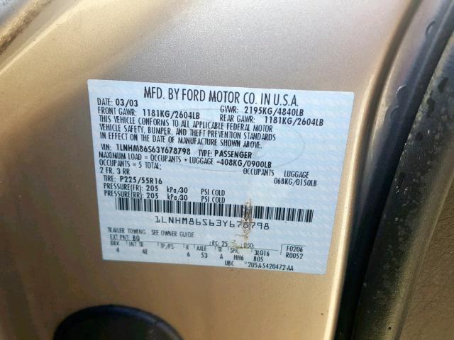 1LNHM86S63Y678798 - 2003 LINCOLN LS GOLD photo 10