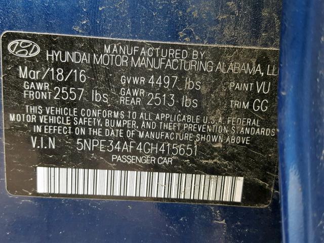 5NPE34AF4GH415651 - 2016 HYUNDAI SONATA SPO BLUE photo 10