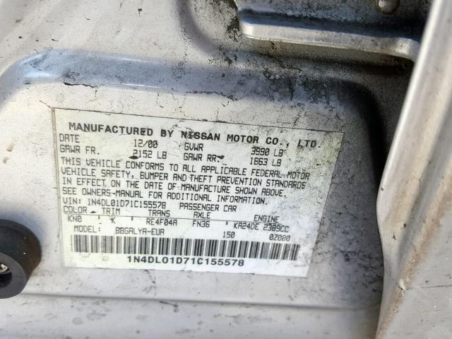 1N4DL01D71C155578 - 2001 NISSAN ALTIMA XE SILVER photo 10