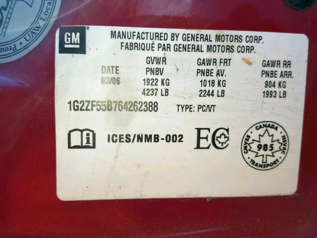 1G2ZF55B764262388 - 2006 PONTIAC G6 SE RED photo 10