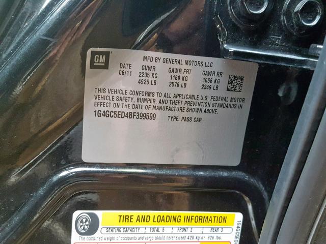 1G4GC5ED4BF399599 - 2011 BUICK LACROSSE C BLACK photo 10